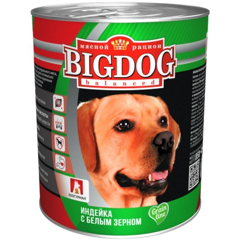 Зоогурман Big Dog Grain Line влажный корм для собак, фарш из индейки с белым зерном, в консервах – 850 г