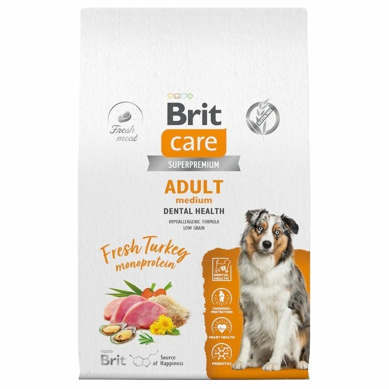 Brit Сare Dog Adult M Dental Health сухой корм для собак средних пород, с индейкой – 12 кг