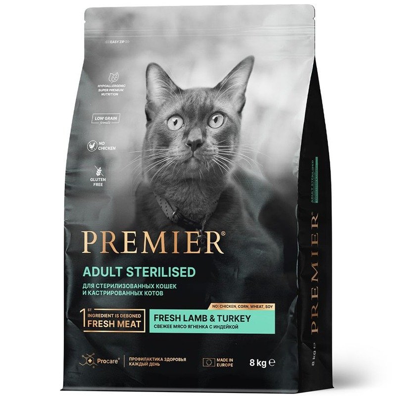 Premier Cat Lamb & Turkey Sterilised сухой корм для взрослых стерилизованных кошек, свежее мясо ягненка с индейкой – 8 кг