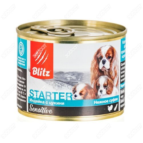 Корм Blitz Sensitive Starter для щенков, беременных и кормящих сук, индейка с цукини, 200 г x 12 шт