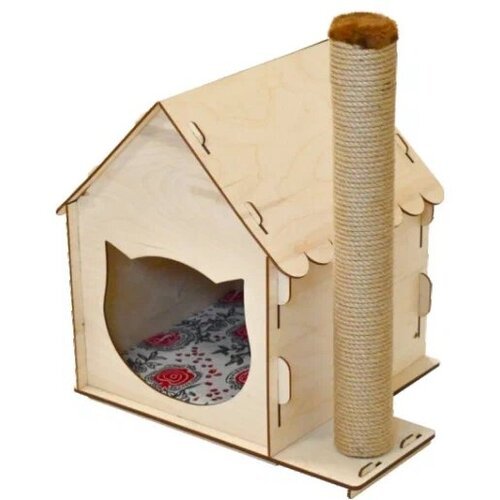 Комплекс для кошек Дом с резной крышей состолбиком фанера+лён джут 34*34*52 см