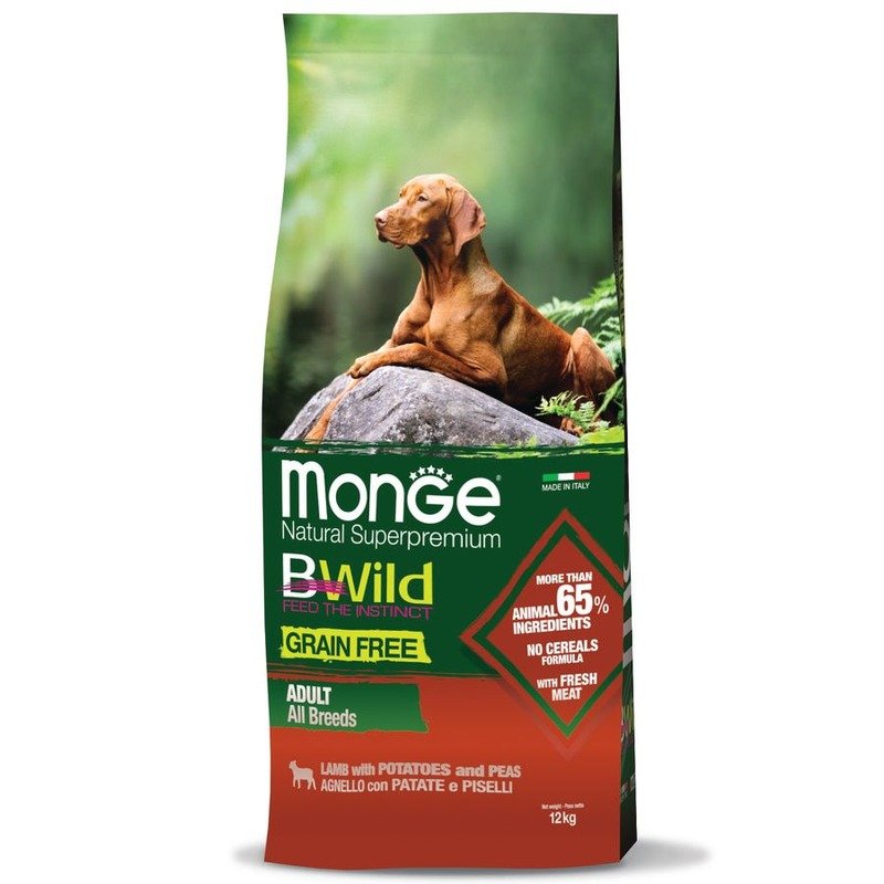 Monge Dog BWild Grain Free сухой беззерновой корм для взрослых собак всех пород с мясом ягненка, картофелем и горохом – 12 кг