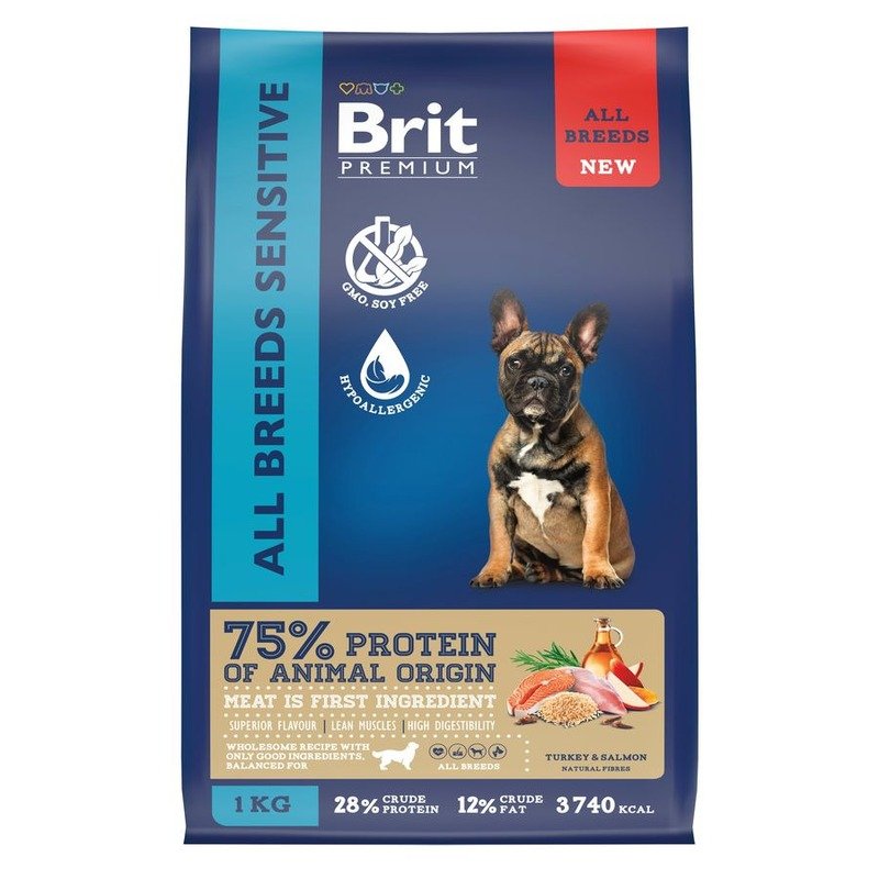 Brit Premium Dog Adult Sensitive сухой корм для взрослых собак всех пород с чувствительным пищеварением, с индейкой и лососем – 1 кг