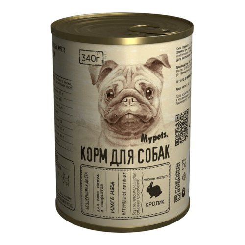 Влажный (консервированный) корм Mypets для собак – Мясное ассорти с кроликом (1 банка – 340 гр)