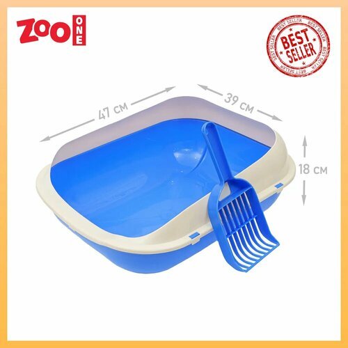 Туалет-лоток для кошек под наполнитель, с совком, (M) 47х39х18 cм, (светло-синий) Zooone
