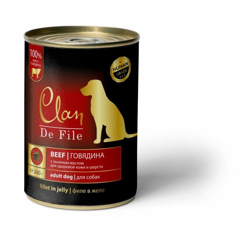Clan De File полнорационный влажный корм для собак, с говядиной, кусочки в желе, в консервах – 340 г