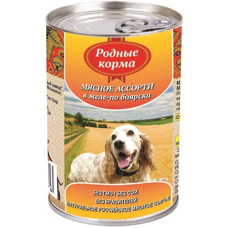 Родные корма влажный корм для собак, фарш из мясного ассорти по-боярски в желе, в консервах – 410 г