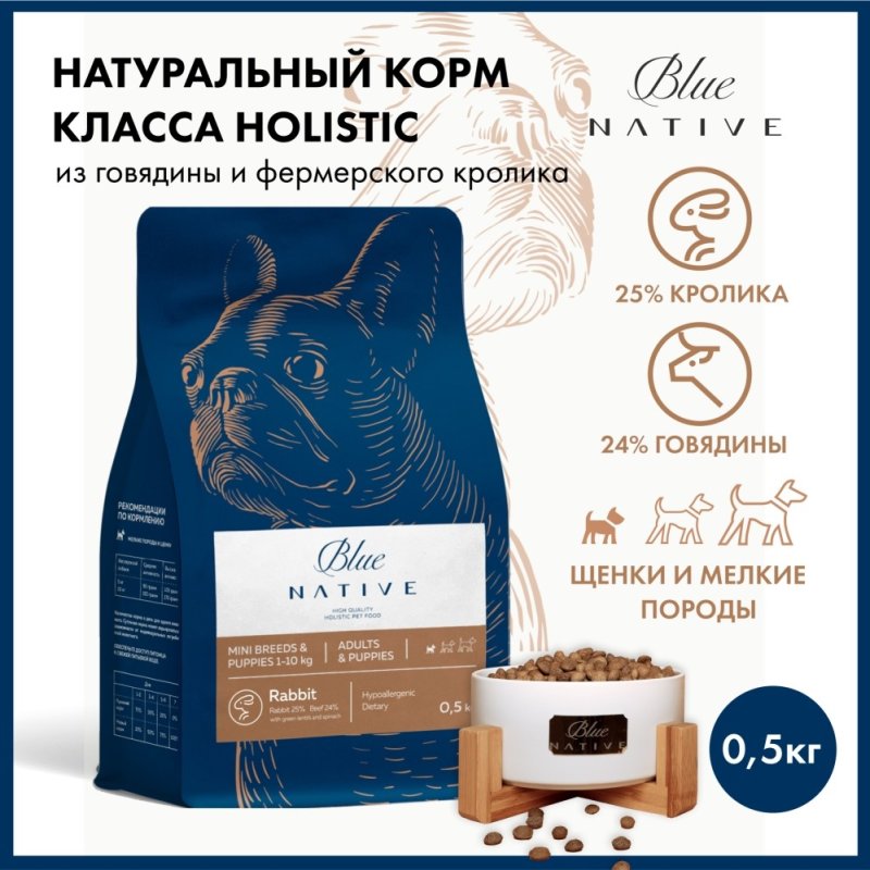 Корм для собак BLUENATIVE для мелких пород, кролик сух. 500г