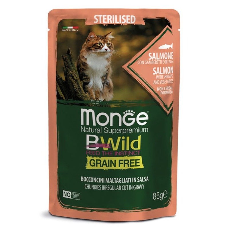 Monge Cat BWild Grain Free полнорационный влажный корм для кошек, беззерновой, с лососем, креветками и овощами, кусочки в соусе, в паучах – 85 г