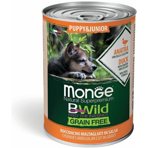 Влажный корм для щенков Monge BWILD Feed the Instinct, утка, с тыквой, с цукини 1 уп. х 1 шт. х 400 г (для карликовых пород)