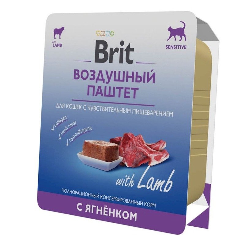 Brit Premium полнорационный влажный корм для кошек с чувствительным пищеварением, воздушный паштет с ягненком, в ламистерах – 100 г