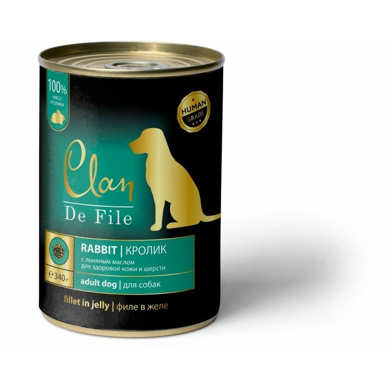 Clan De File полнорационный влажный корм для собак, с кроликом, кусочки в желе, в консервах – 340 г