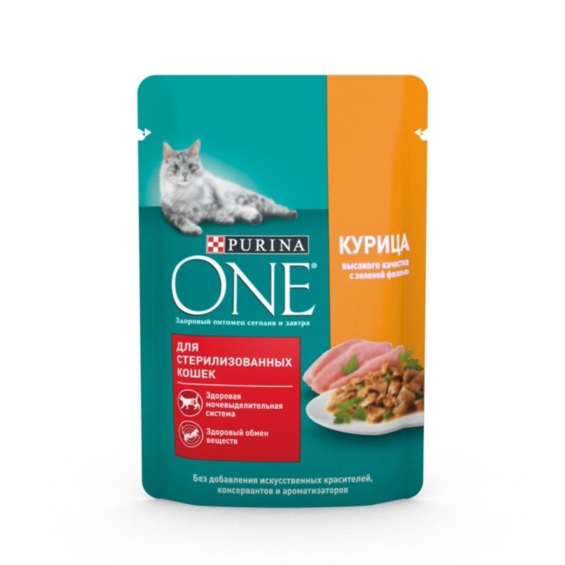 Purina ONE Sterilised влажный корм для стерилизованных кошек и кастрированных котов, с курицей и зеленой фасолью, в соусе, в паучах – 75 г