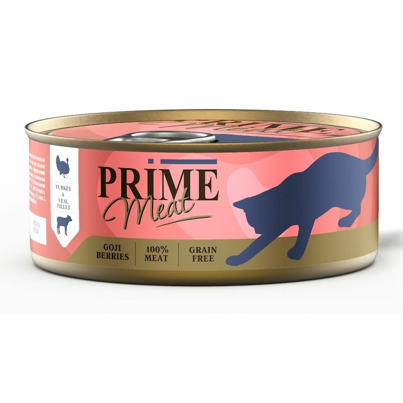 Prime Meat влажный корм для взрослых кошек филе индейки с телятиной, в желе, в консервах – 100 г х 12 шт