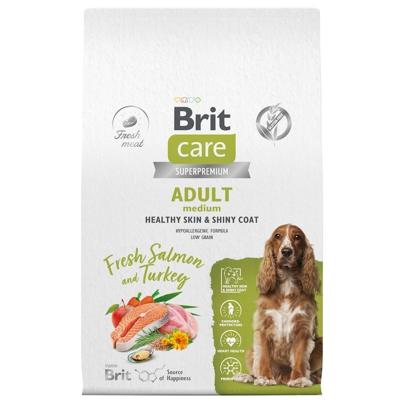 Brit Care Dog Adult M Healthy Skin&Shiny Coat сухой корм для взрослых собак средних пород для кожи и шерсти, с лососем и индейкой – 12 кг