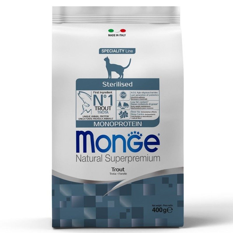 Monge Cat Speciality Line Monoprotein Sterilised сухой корм для стерилизованных кошек, с форелью – 400 г