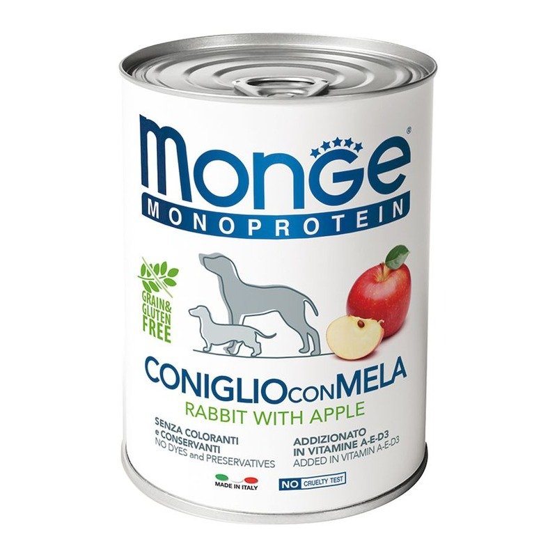 Monge Dog Natural Monoprotein Fruits полнорационный влажный корм для собак, беззерновой, паштет с кроликом, рисом и яблоками, в консервах – 400 г