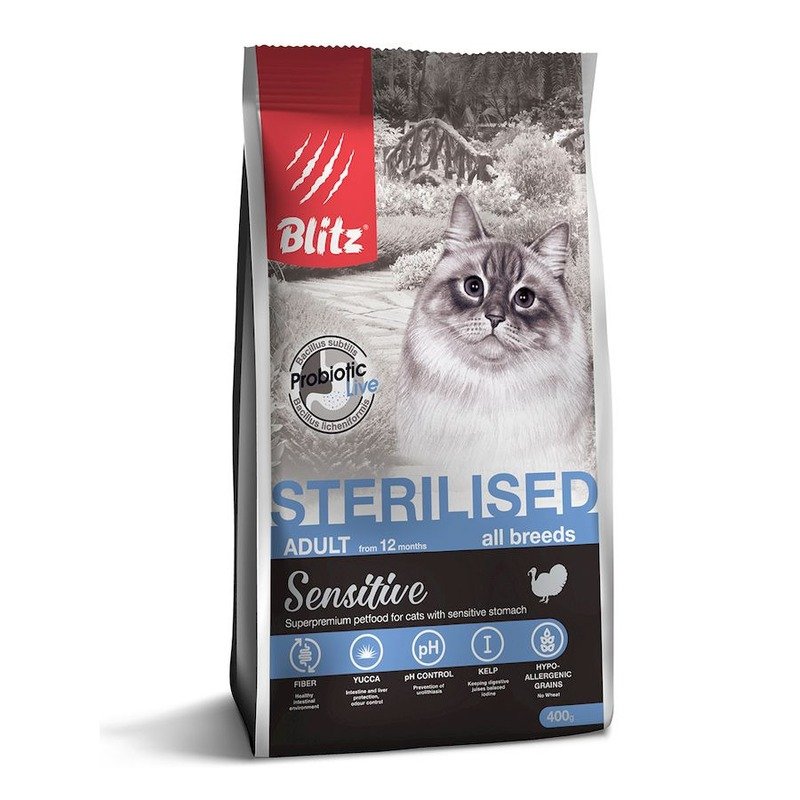 Blitz Sensitive Sterilised Cats полнорационный сухой корм для стерилизованных кошек, с индейкой – 400 г