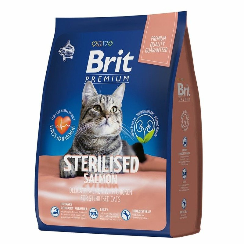 Brit Premium Cat Sterilized Salmon & Chicken полнорационный сухой корм для стерилизованных кошек, с лососем и курицей – 800 г