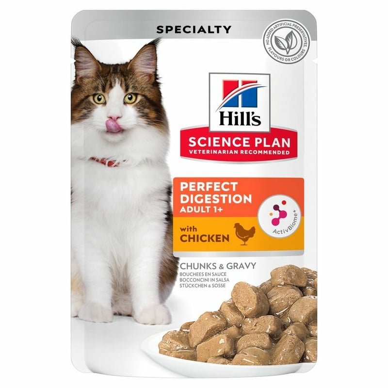 Hills Science Plan Perfect Digestion влажный корм для кошек с чувствительным пищеварением, с курицей и рисом, кусочки в соусе, в паучах – 85 г
