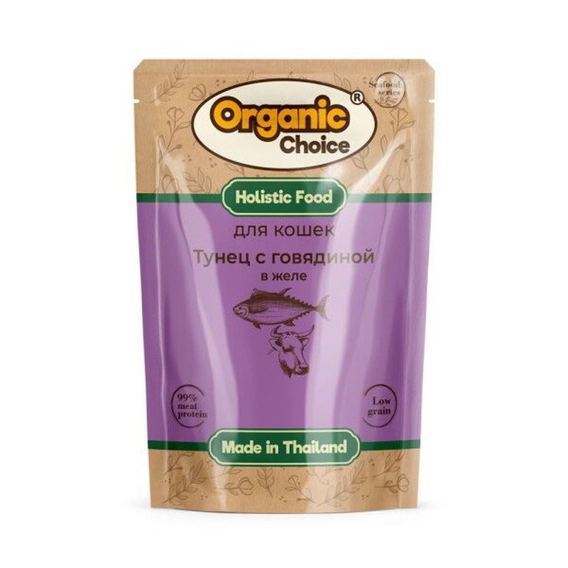 Organic Сhoice Low Grain влажный корм для кошек, с тунцом и говядиной, в желе, в паучах – 70 г