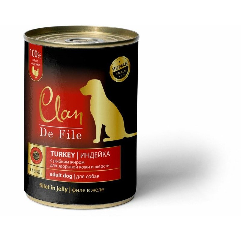 Clan De File полнорационный влажный корм для собак, с индейкой, кусочки в желе, в консервах – 340 г