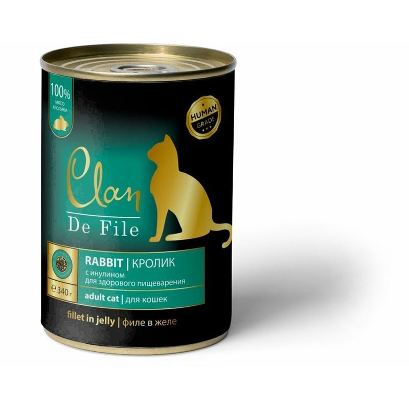 Clan De File полнорационный влажный корм для кошек, с кроликом, кусочки в желе, в консервах – 340 г
