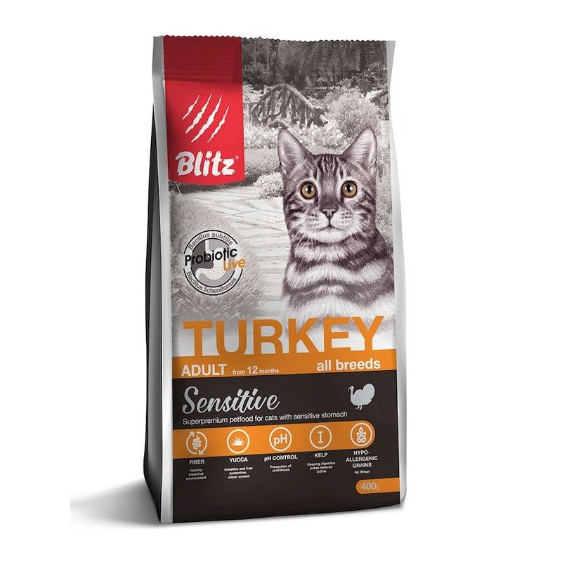 Blitz Sensitive Adult Cats Turkey полнорационный сухой корм для кошек, с индейкой – 400 г