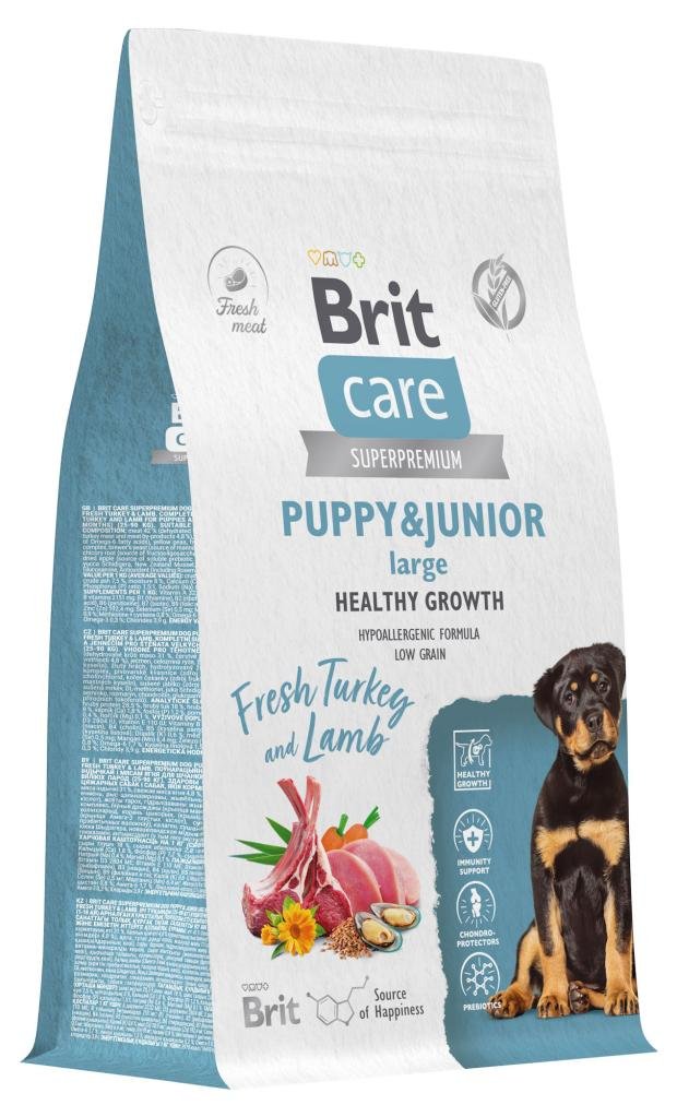 Корм сухой для щенков и молодых собак Brit Care Dog Puppy&Junior L Healthy Growth индейка ягненок, 1,5 кг