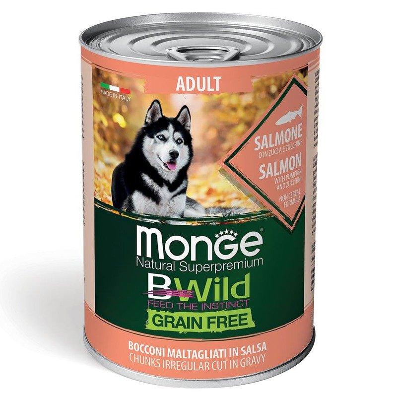 Monge Dog BWild Grain Free полнорационный влажный корм для собак, беззерновой, с лососем, тыквой и кабачками, кусочки в соусе, в консервах – 400 г