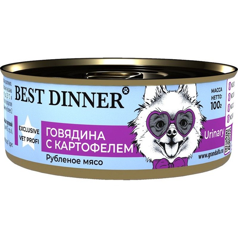 Best Dinner Urinary Exclusive Vet Profi влажный корм для собак, для профилактики мочекаменной болезни, с говядиной и картофелем, в консервах – 100 г