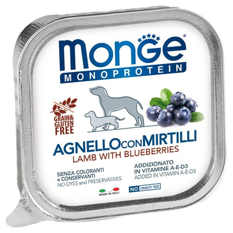 Monge Dog Natural Monoprotein Fruits полнорационный влажный корм для собак, беззерновой, паштет с ягненком и черникой, в ламистерах – 150 г