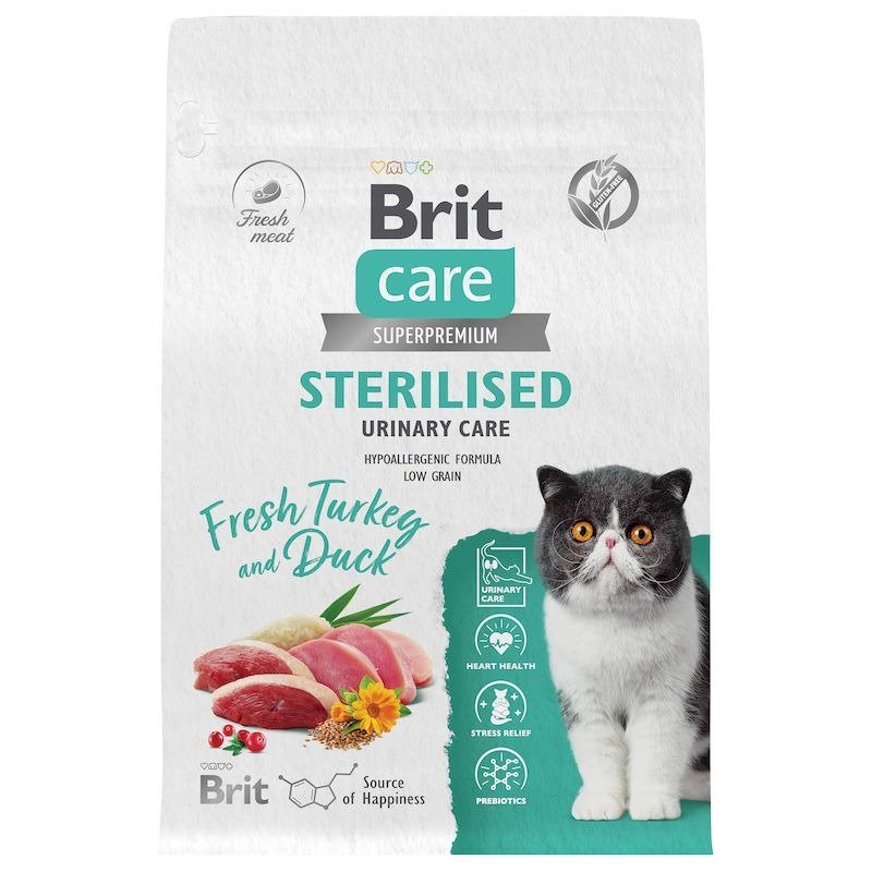 Brit Care Cat Sterilised Urinary Care сухой корм для стерилизованных кошек для профилактики МКБ, с индейкой и уткой – 400 г