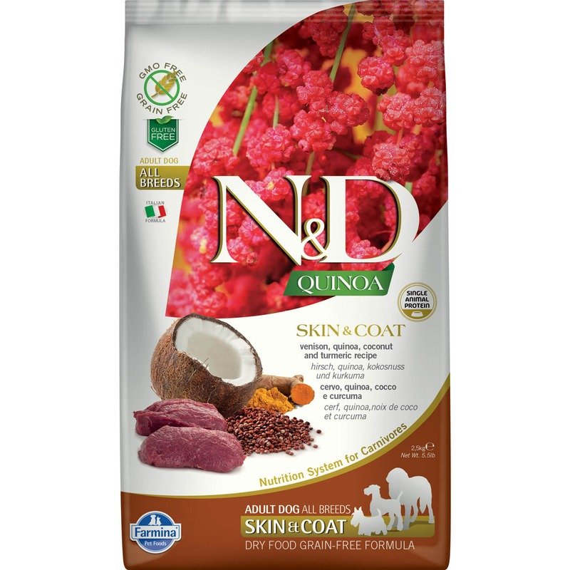 Farmina N&D Quinoa Dog Grain Free Skin & Coat сухой беззерновой корм для взрослых собак для кожи и шерсти с олениной и киноа – 2,5 кг