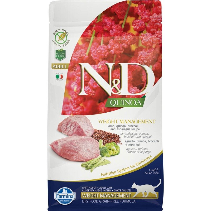 Farmina N&D Quinoa Cat Grain Free Weight Management Lamb сухой беззерновой корм для взрослых кошек для контроля веса с ягненком и киноа – 1,5 кг