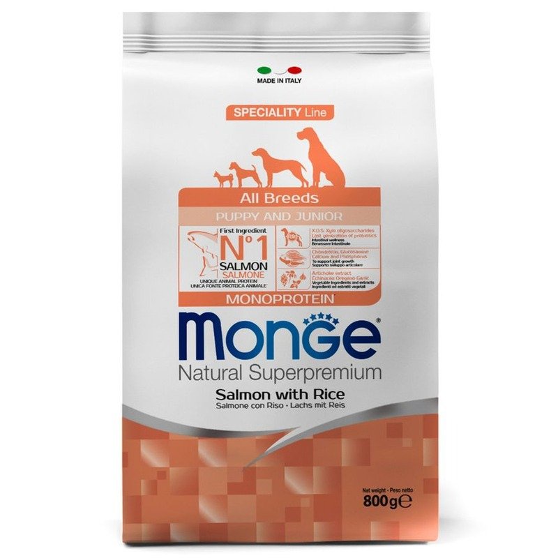 Monge Dog Speciality Line Monoprotein Puppy & Junior полнорационный сухой корм для щенков, с лососем и рисом – 800 г