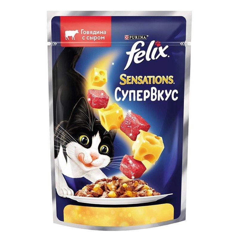 Felix Sensations Супервкус полнорационный влажный корм для кошек, с говядиной и сыром, кусочки в желе, в паучах – 75 г