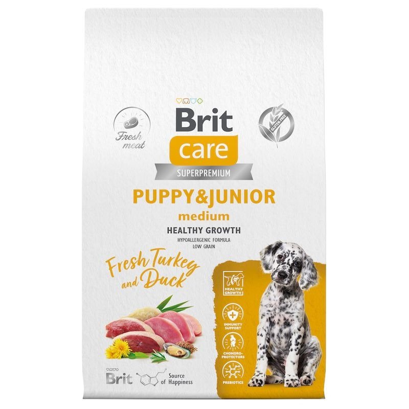 Brit Care Dog Puppy&Junior M Healthy Growth сухой корм для щенков средних пород, с индейкой и уткой – 12 кг