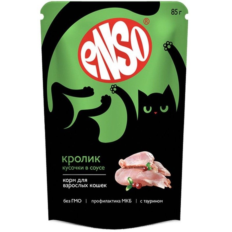 Enso Basic для кошек, полнорационный, профилактика МКБ, с кроликом, кусочки в соусе, в паучах – 85 г