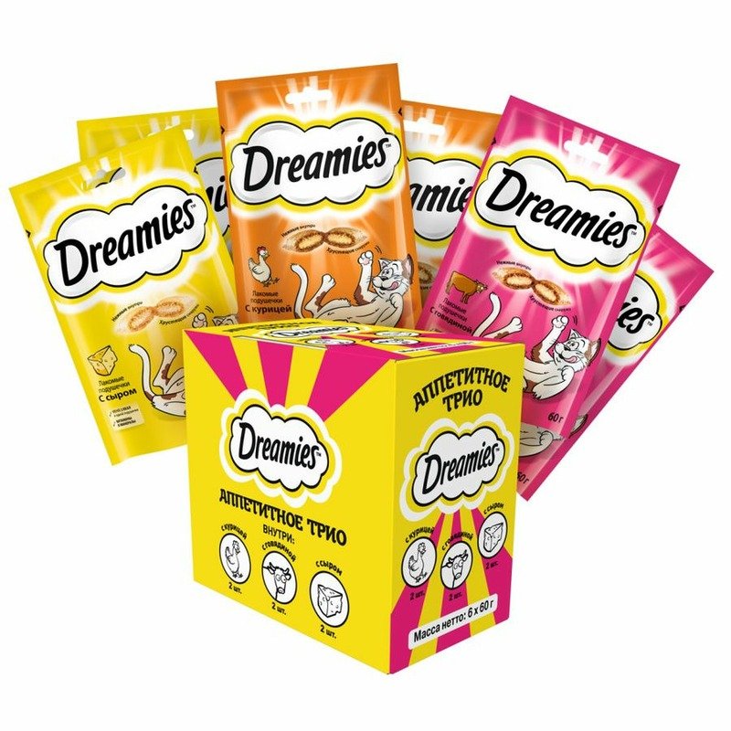 Dreamies Аппетитное трио набор лакомств для кошек: с курицей 60 г х 2 шт, с говядиной 60 г х 2 шт, с сыром 60 г х 2 шт