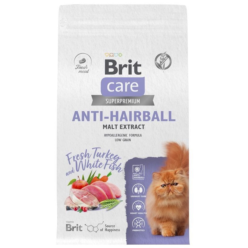 Brit Care Cat Anti-Hairball сухой корм для взрослых кошек для выведения шерсти из желудка, с белой рыбой и индейкой – 1,5 кг