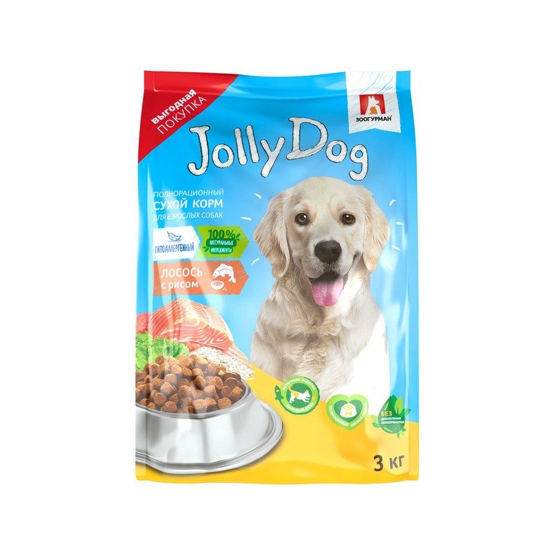 Зоогурман Jolly Dog полнорационный сухой корм для собак, с лососем и рисом – 3 кг