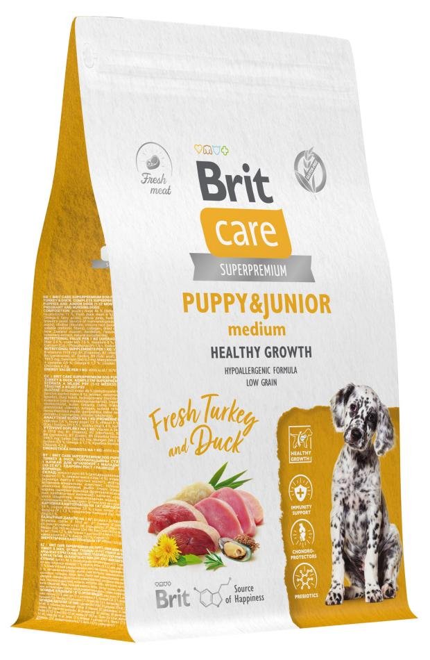 Корм сухой для щенков и молодых собак Brit Care Dog Puppy&Junior M Healthy Growth индейка утка, 3 кг