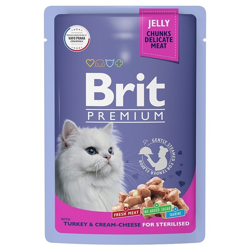 Brit Premium полнорационный влажный корм для стерилизованных кошек, с индейкой и сыром, кусочки в желе, в паучах – 85 г
