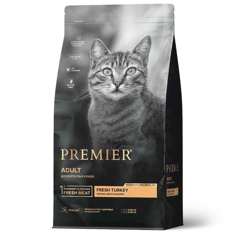 Premier Cat Turkey Adult сухой корм для взрослых кошек, свежая индейка – 2 кг