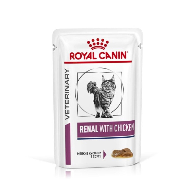 Royal Canin Renal Feline Chicken полнорационный влажный корм для взрослых кошек для поддержания функции почек при острой или хронической почечной недостаточности, диетический, с курицей, кусочки в соусе, в паучах – 85 г