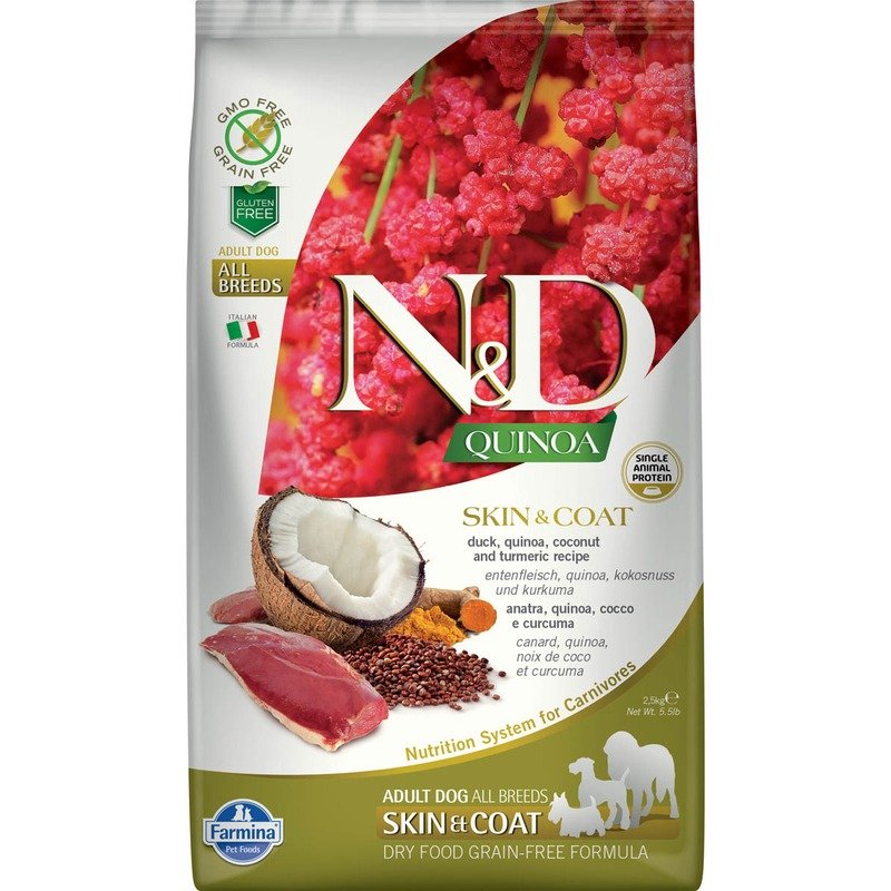 Farmina N&D Quinoa Dog Grain Free Skin & Coat Duck сухой беззерновой корм для взрослых собак для кожи и шерсти с уткой и киноа – 2,5 кг