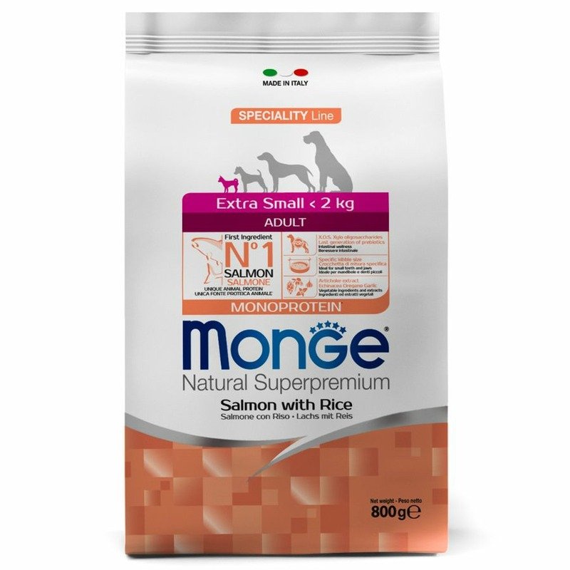 Monge Dog Speciality Line Monoprotein Extra Small полнорационный сухой корм для собак миниатюрных пород, с лососем и рисом – 800 г