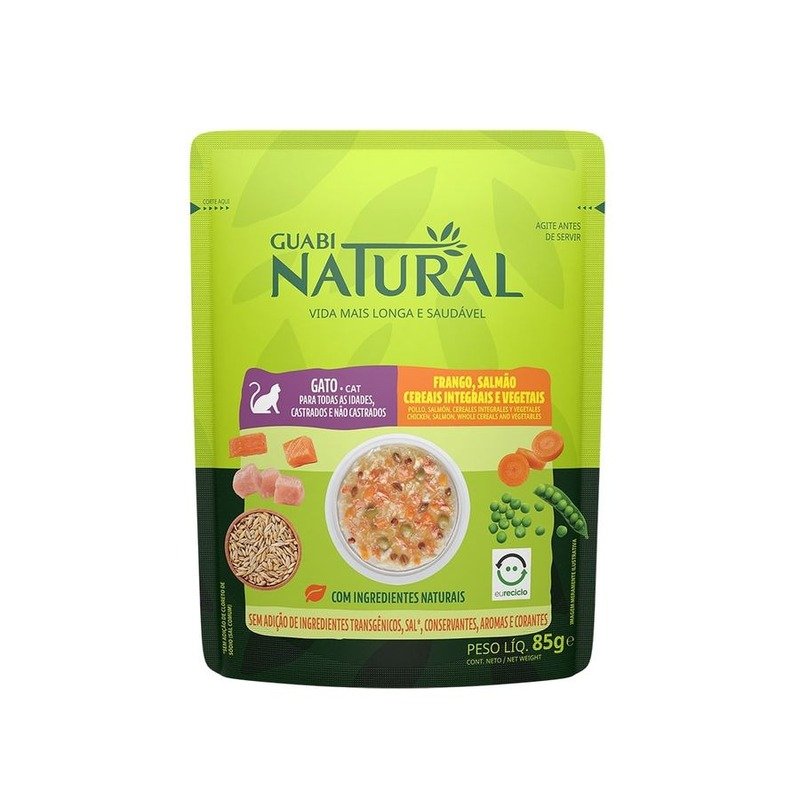 Guabi Natural Cat влажный корм для кошек, с курицей, лосось, цельнозерновыми злаками и овощами, в паучах – 85 г