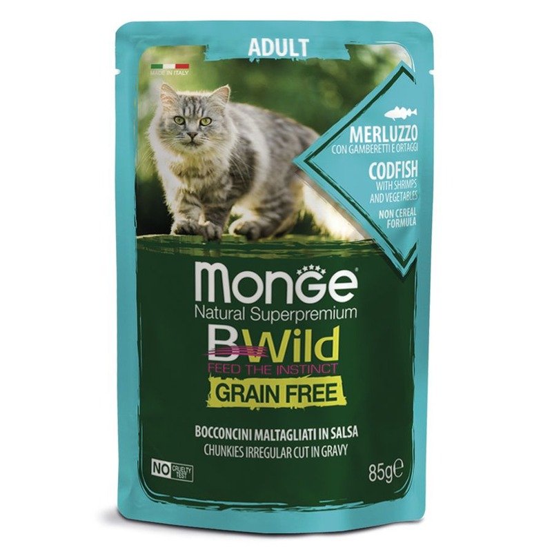 Monge Cat BWild Grain Free полнорационный влажный корм для кошек, беззерновой, с треской, креветками и овощами, кусочки в соусе, в паучах – 85 г